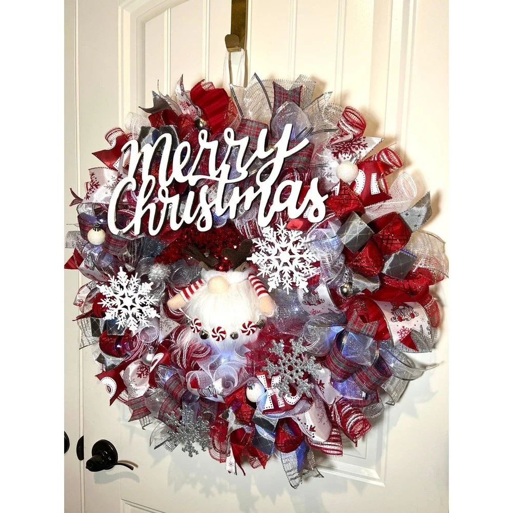 Handmade Christmas Reindeer Gnome Holiday Ribbon Door Wreath 26 ins LED XLW4